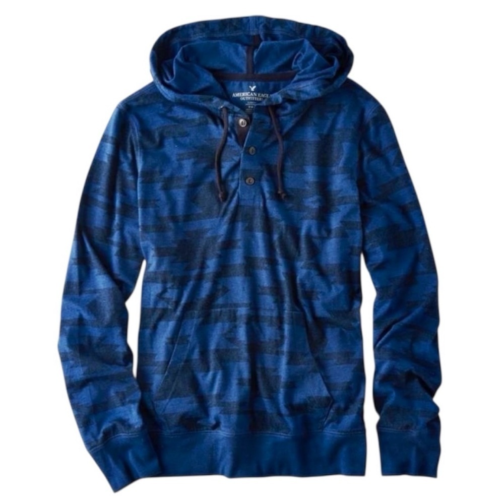 American Eagle Blue Patterned Pullover Hoodie Button Neck XXL